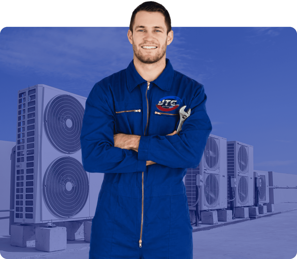 Man holding wrench near AC units