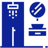 Blue bathroom symbols on black background